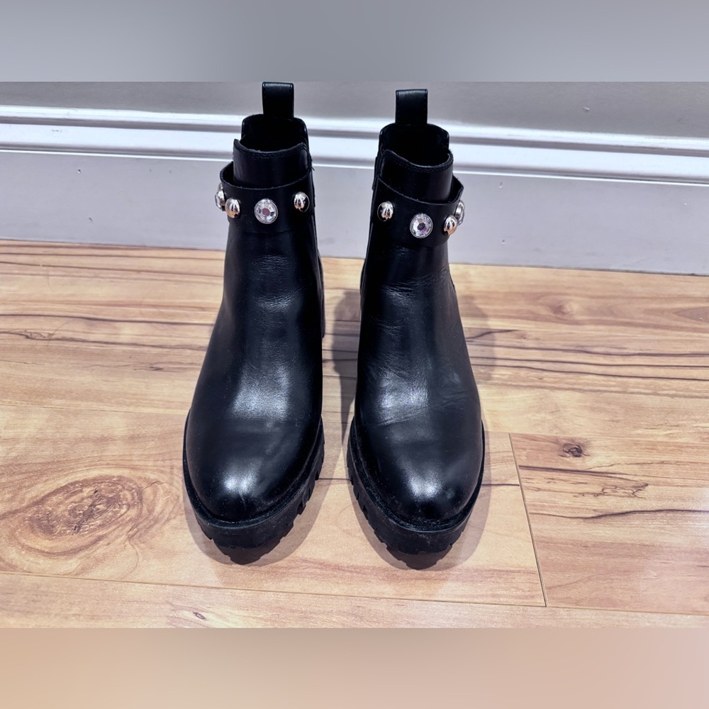 Karl Lagerfeld Black Ankle Boots with Gold Studs and Rhinestones.